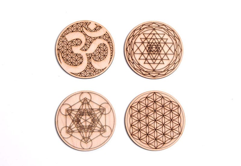 Fourth Level Manufacturing Sacred Geometry Coasters, One Set of Four Includes: 1 Metatrons Cube, 1 Sacred Om, 1 Sri Yantra, 1 Flower of Life, Drinks, Table Decorations for Hot and Cold Beverages, Protect Furniture - Image 3